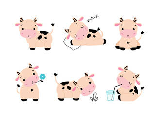 Cute Little Cow Calf with Hoof and Spotted Coat Vector Set