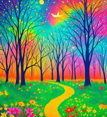 Obraz na płótnie Canvas Magical Forest of bright colors, abstract style, fairytale forest, Generative AI Art Illustration 01