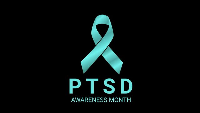 National PTSD Awareness Day animation text with green ribbon. Post traumatic Stress Disorder concept animation in 4k