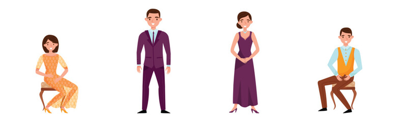 Young Man and Woman in Evening Dress and Dinner Jacket Sitting and Standing Vector Set