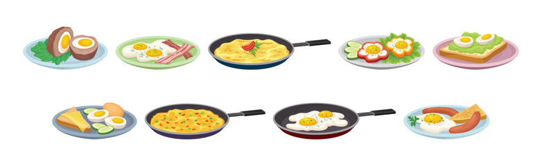 Tasty Dishes with Egg Ingredient Served Vector Set