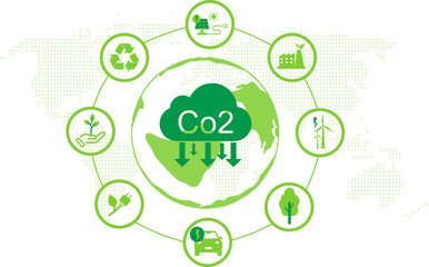 Environmental protection illustration set. Reduce CO2 emission concept icon working in green recycling industry. using clean energy, warning about CO2 emission. Climate change problem concept.