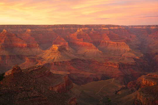 Grand Canyon National Park vista landscape at sunrise from the South Rim in summer, Arizona