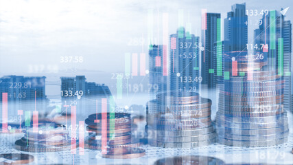 Double exposure of city and rows of coins and bank book with stock and financial graph on virtual screen. stock market accounting market economy analysis, Business Investment concept.