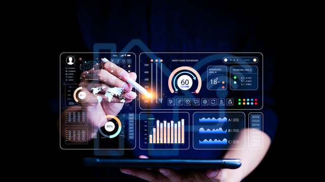Smart home automation control system concept. Man using the management system to control smart home dashboards remotely by internet. assistant futuristic, application for control smart home,