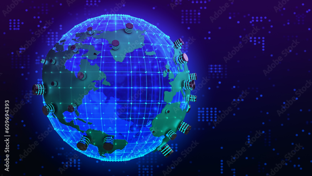Poster Multiple database is placed on the globe against a blue leather background. Concept of database server, SQL, data storage, Cloud computing, Cloud storage. 3D rendering.