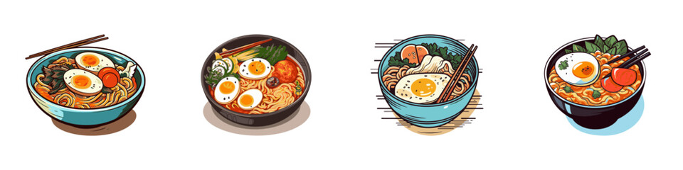 Japanese ramen noodle in bowl with chopsticks. Vector illustration. 