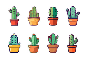 Cactus in a pot. Cartoon cactus set. Vector illustration.