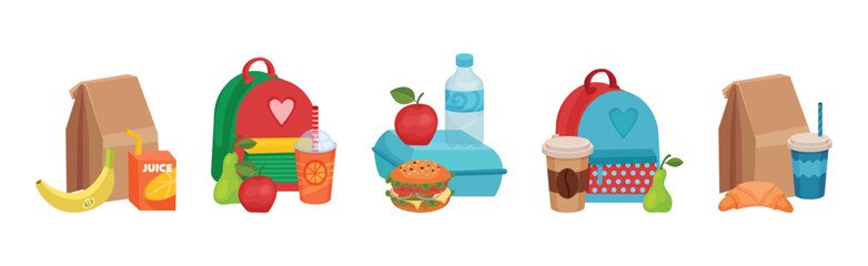 School Lunch Food Boxes and Kids Bags Vector Set
