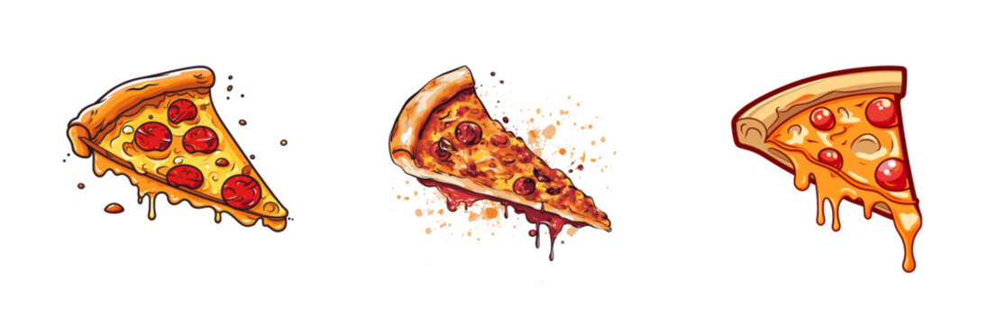 Pizza slice vector illustration. Hand drawn pizza slice with cheese, tomato and pepperoni.
