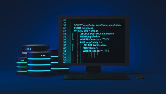 SQL (Structured Query Language) code on a computer monitor with Databases and Blue background. Example of SQL code to query data from a database.