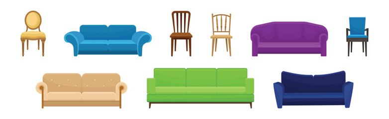 Colorful Upholstered Settee or Sofa and Chair as Furniture Items Vector Set