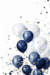 fliegende blaue und weiße Ballons mit Konfetti auf hellem Hintergrund. Generative Ai.
