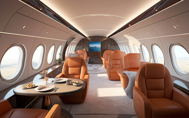 Obraz premium Luxury interior of modern private business jet. A luxurious interior in the right design speaks for a comfortable journey. Luxury travel concept. AI generated.