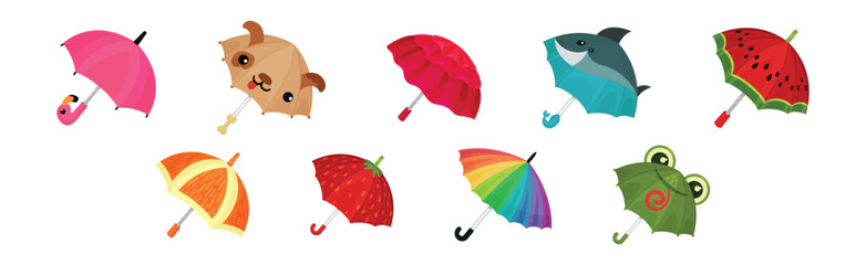 Cute Colorful Open Umbrellas as Folding Canopy with Pole Vector Set