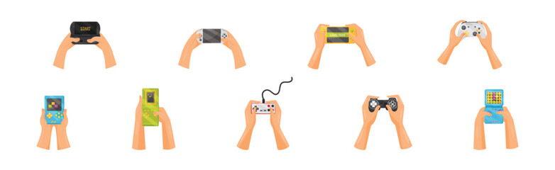 Hands Holding Gamepads or Controller Playing Video Game Vector Set © Happypictures