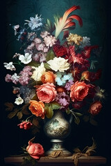 Flowers in a vase old painting generative ai