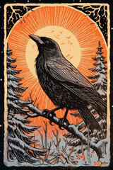 Crow in forest lino print cut illustration generative ai