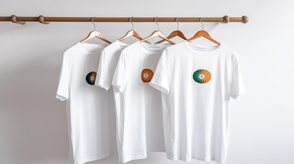 White t-shirts with Indian flag logo on the chest hang in rows on a hanger in store. Festive modern clothes for Independence Day Generative AI