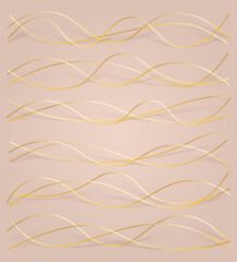 3d wavy gold lines swoosh on pink background. Luxury beauty thin curves, swirl as stream flow pattern. Soft geometric shapes as silk fiber or fablic shiny decoration.