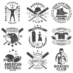 Set of boxing, american football and baseball club badge. Vector for shirt, logo, print, stamp. Vintage design with boxer, gloves, boxing jump rope, baseball bats, american football sportsman player