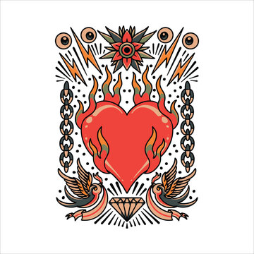 burning heart tattoo vector design