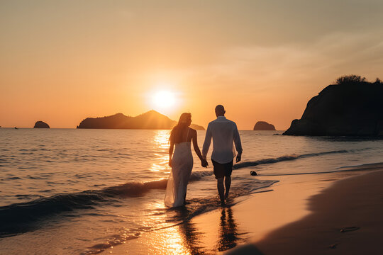 couple walking on the beach, beach at sunset, couple on the beach, couple at sunset, sea, generative ai