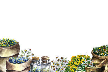 Medicinal herbs cornflower, chamomile and tansy. Frame, banner. Dried, crushed in a linen bag, in glass bottles and a wooden pot. Mortar and pestle crusher. Watercolor hand drawn illustration. - obrazy, fototapety, plakaty