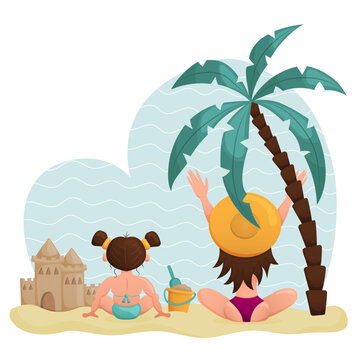 Mom and daughter relaxing on the beach. Family vacation at the seaside. Vacation. Vector illustration. Cartoon.