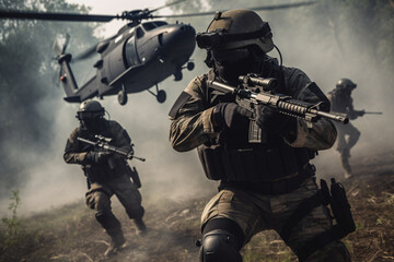 anti terrorist special force squad on mission with helicopter in background