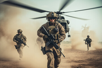 anti terrorist special force squad on action with helicopter in background