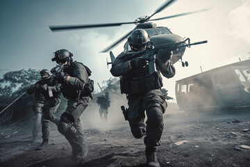 anti terrorist special force squad on action with helicopter in background