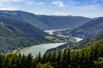Fototapeta na wymiar View at danube valley, viewpoint at St. Aegidi along the Sauwald panorama road through upper austria
