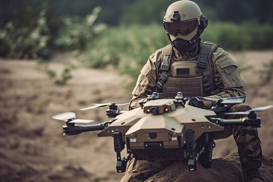 anti terrorist special force squad on action with military drone