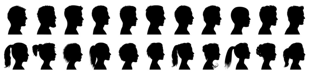 Group young people. Profile silhouette faces boys and girls set, man and woman – for stock