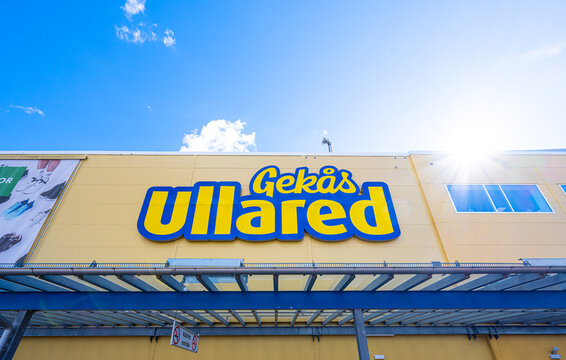 Ullared, Sweden - July 30 2022: Gek&aring;s Ullared logo on the facade of the warehouse.