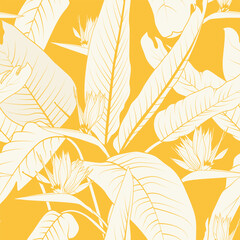 Seamless floral pattern with strelitzia or bird of paradise flowers on yellow background. Summer vector background.
