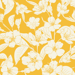 Seamless floral pattern with cherry sakura flowers on yellow background. Spring vector background. - 609697302