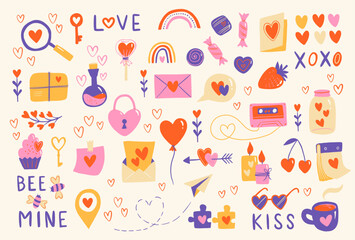 Love post office. Many various romantic objects. Saint Valentine's day big vector set. Colored retro trendy illustration. Flat design. All elements are isolated