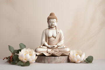 buddha statue in lotus pose with neutral background