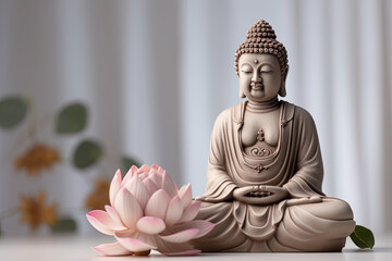 buddha statue with flower, with copy space, neutral background