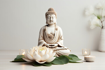 buddha statue with flower, with copy space,  neutral background