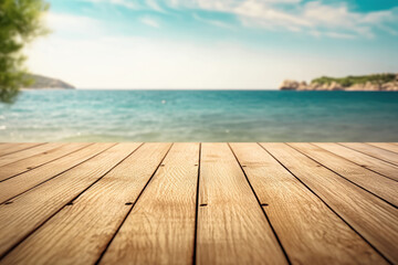 Fototapeta premium Empty wooden table top against blurred sea and sky. The background can be used for mounting or displaying your products. Generative AI
