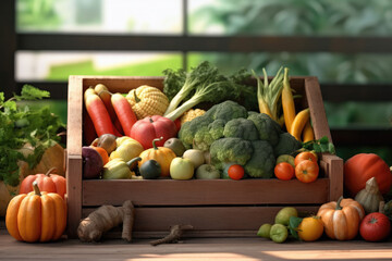 Fresh organic bio vegetables in a wooden box on a blurred green background. Harvesting. Harvest and healthy food concept.Generative AI