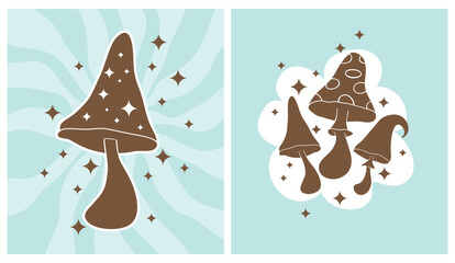Groovy Retro 70s Style Vector Print. Magic Soul. Brown Mushrooms Isolated on a Light Blue Background. Trendy Hippie Poster. Magic Mushrooms in a White Frame of Comic Cloud Shape on a Opal Blue.