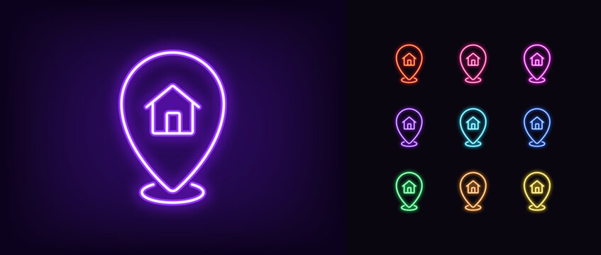 Outline neon home pointer icon set. Glowing neon map pin with house sign, booking apartment service, location marker. Home and apartment rent, cottage location, house address position