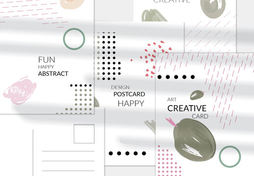 Postcard Layout with Hand Drawn Abstract Floral Doodles and Geometric Shapes