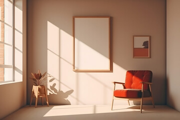 Fototapeta na wymiar Mockup frame in simple retro interior. Strong shadows of the rising sun