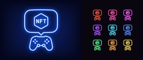 Outline neon game controller icon set. Glowing neon gamepad and bubble message with NFT sign, gaming token. NFT game, virtual gaming cryptocurrency, digital token transaction in games © Дмитрий Майер