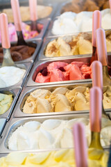 Ice cream display case with lots of trays with different flavors